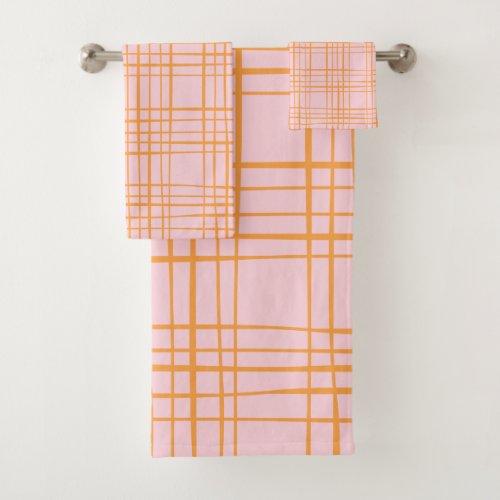 Cute Grid Lines Pattern Pastel Pink and Orange Bath Towel Set