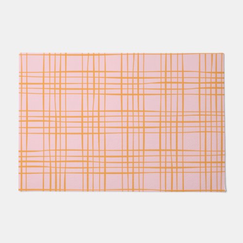 Cute Grid Lines Pattern Pastel Pink and Orange Doormat