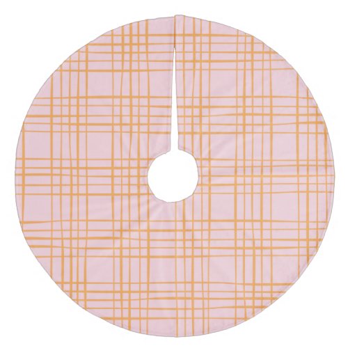 Cute Grid Lines Pattern Pastel Pink and Orange Fleece Tree Skirt