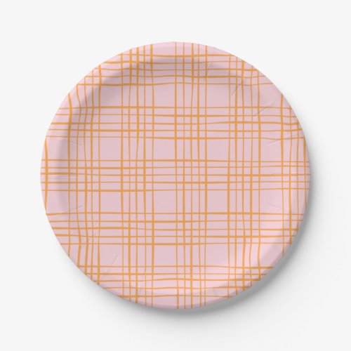 Cute Grid Lines Pattern Pastel Pink and Orange Paper Plates