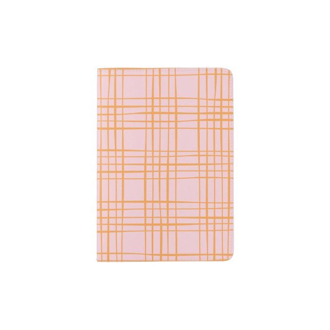 Cute Grid Lines Pattern Pastel Pink and Orange Passport Holder (Front)