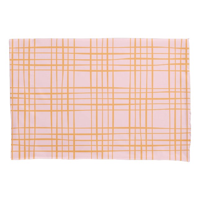 Cute Grid Lines Pattern Pastel Pink and Orange Pillow Case (Front)