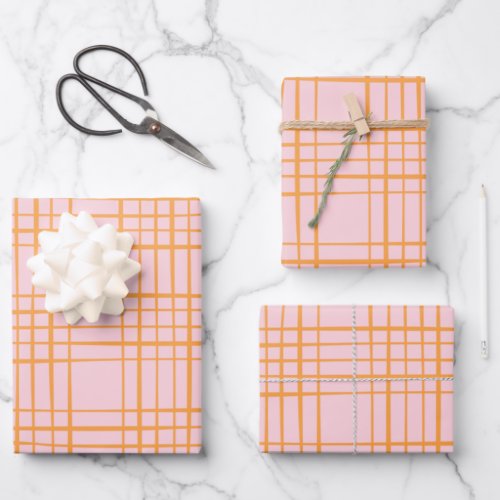 Cute Grid Lines Pattern Pastel Pink and Orange Wrapping Paper Sheets