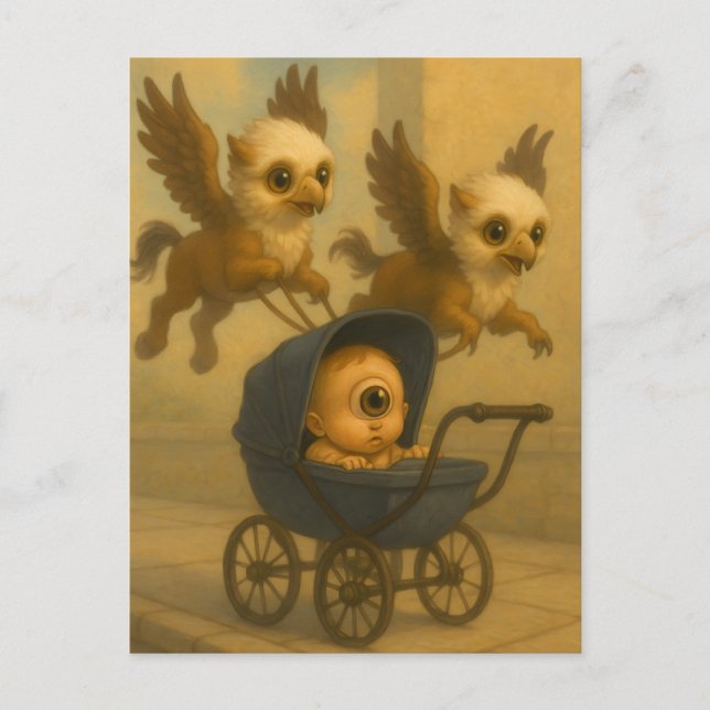 Cute Griffins & Baby Cyclops Mythology Fantasy Art Postcard (Front)