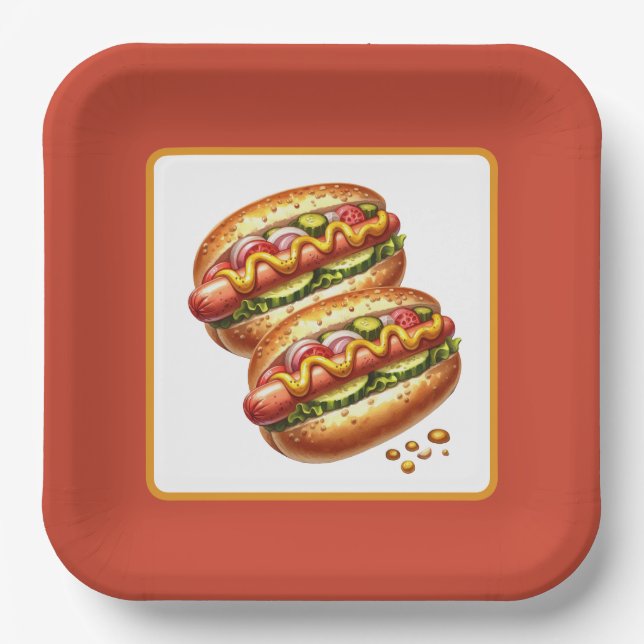 Cute grilled hotdog party paper plates (Front)