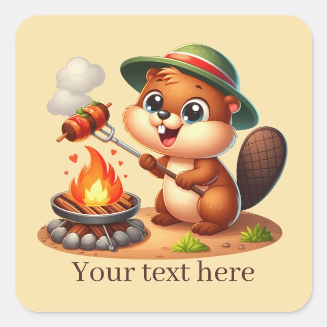 Cute grilling beaver add text  square sticker (Front)