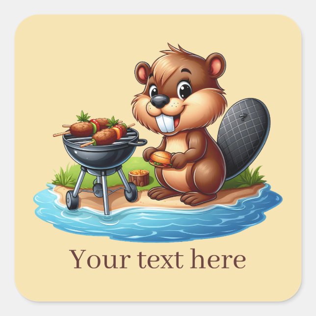 Cute grilling beaver add text  square sticker (Front)