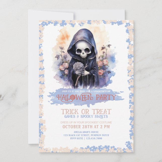 Cute Grim Reaper and Flowers Watercolor Invitation (Front)