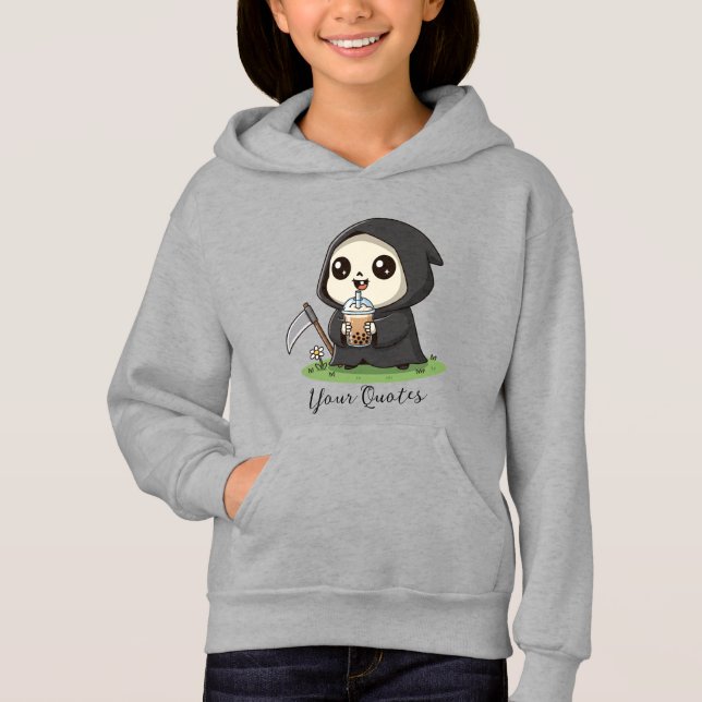 Cute Grim Reaper Drinking Boba Tea Hoodie (Front)