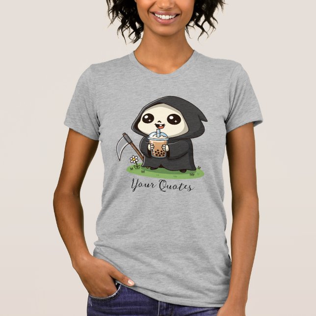 Cute Grim Reaper Drinking Boba Tea T-Shirt (Front)