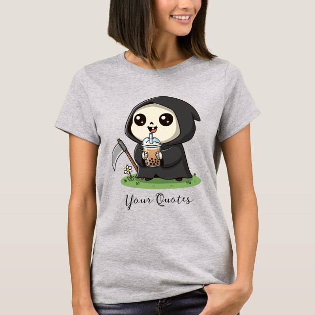 Cute Grim Reaper Drinking Boba Tea T-Shirt (Front)