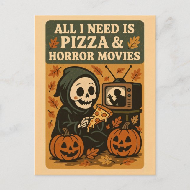 Cute Grim Reaper Eating Pizza Funny Halloween Postcard (Front)
