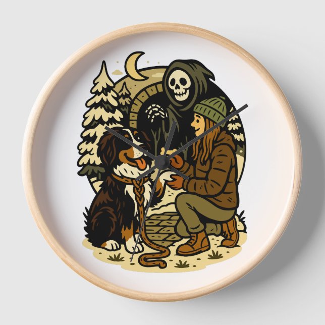 Cute Grim Reaper Girl and Dog Spooky Forest Night Clock (Front)
