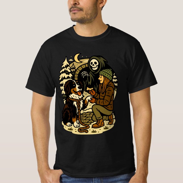 Cute Grim Reaper Girl and Dog Spooky Forest Night T-Shirt (Front)