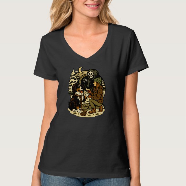 Cute Grim Reaper Girl and Dog Spooky Forest Night T-Shirt (Front)