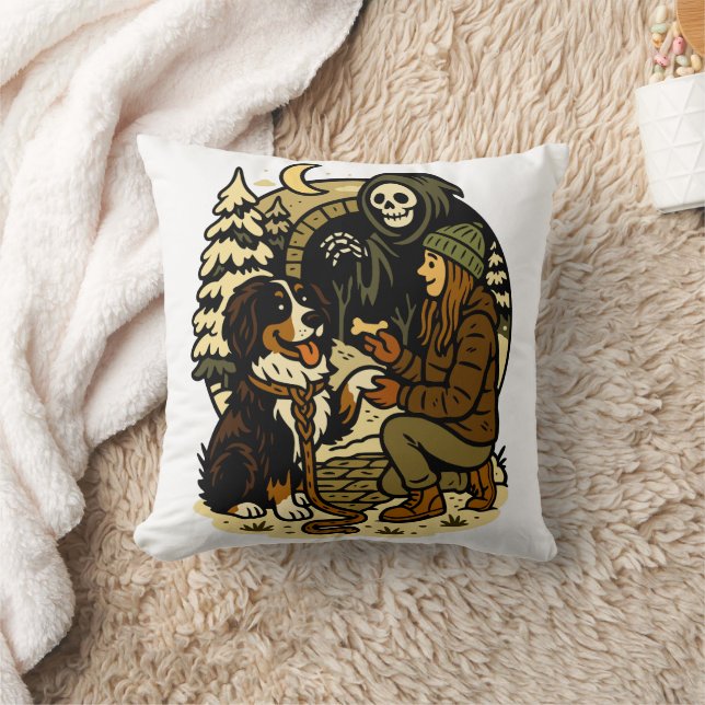 Cute Grim Reaper Girl and Dog Spooky Forest Night Throw Pillow (Blanket)