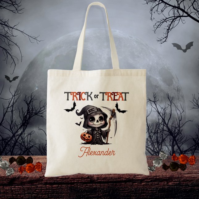 Cute Grim Reaper Kid's Trick or Treat Halloween Tote Bag (Cute Grim Reaper Kid's Halloween "Trick or Treat" Tote Bag)