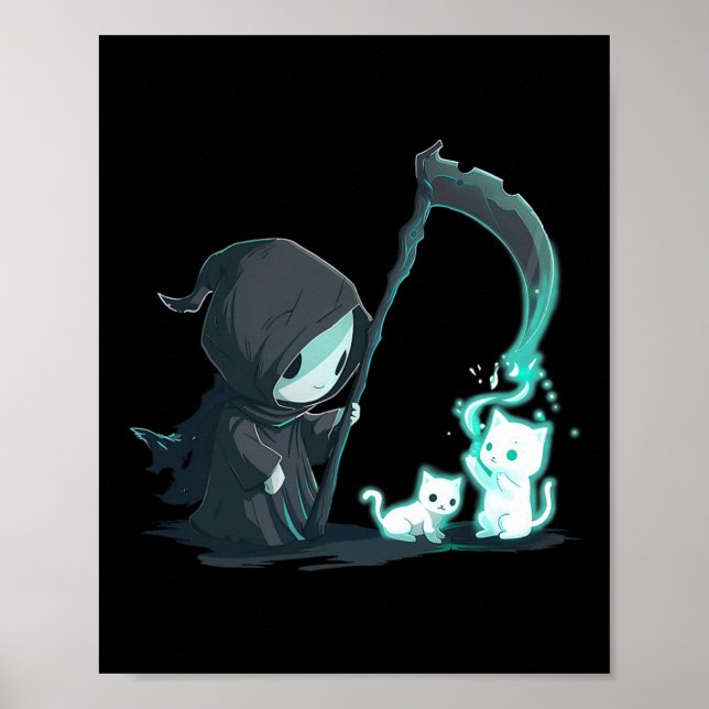 Cute Grim Reaper Skeleton With Cat Ghost Kawaii Pa Poster (Front)
