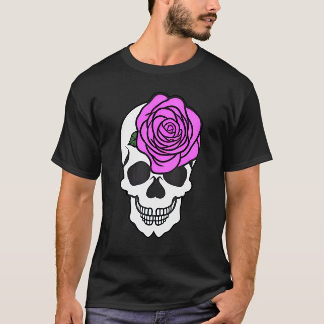 Cute Grinning Feminine Skull with Large Rose Graph T-Shirt (Front)