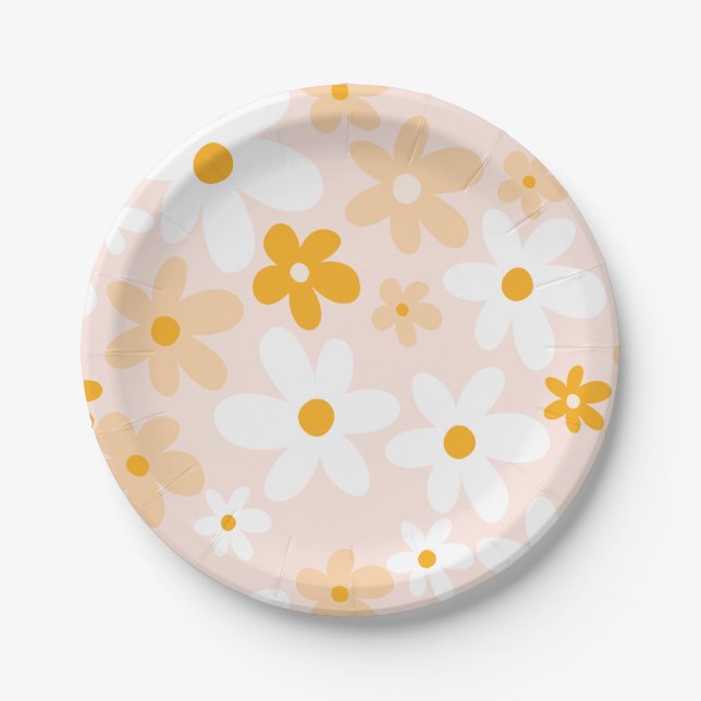 Cute Groovy Boho Pink Yellow Daisy  Paper Plates (Front)