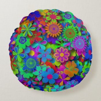 Cute Groovy Flowers Garden Round Pillow by ZionMade at Zazzle