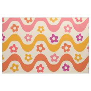 Cute Groovy flowers pattern on retro waves  Fabric