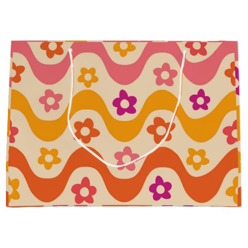 Cute Groovy flowers pattern on retro waves  Large Gift Bag