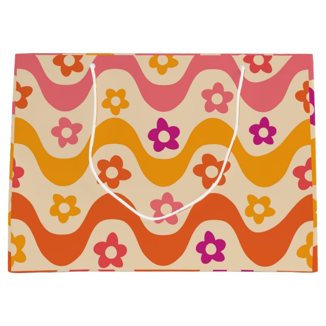Cute Groovy flowers pattern on retro waves  Large Gift Bag (Front)