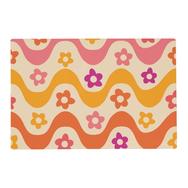 Cute Groovy flowers pattern on retro waves  Placemat (Front)