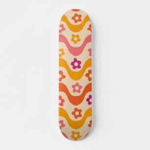 Cute Groovy flowers pattern on retro waves Skateboard