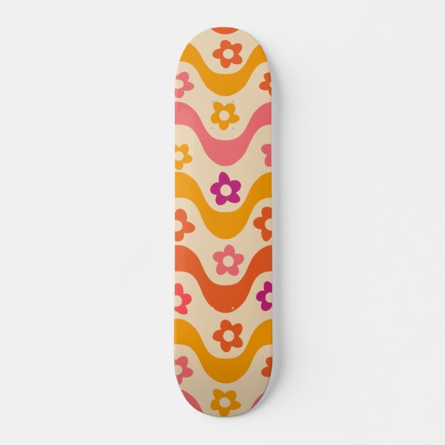 Cute Groovy flowers pattern on retro waves   Skateboard (Front)