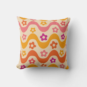 Cute Groovy flowers pattern on retro waves   Throw Pillow