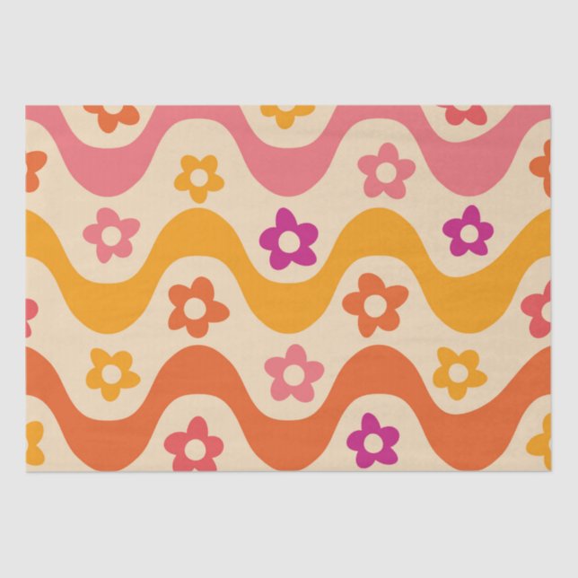 Cute Groovy flowers pattern on retro waves  Tissue Paper (Front)