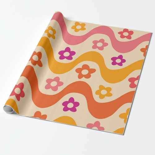 Cute Groovy flowers pattern on retro waves   Wrapping Paper
