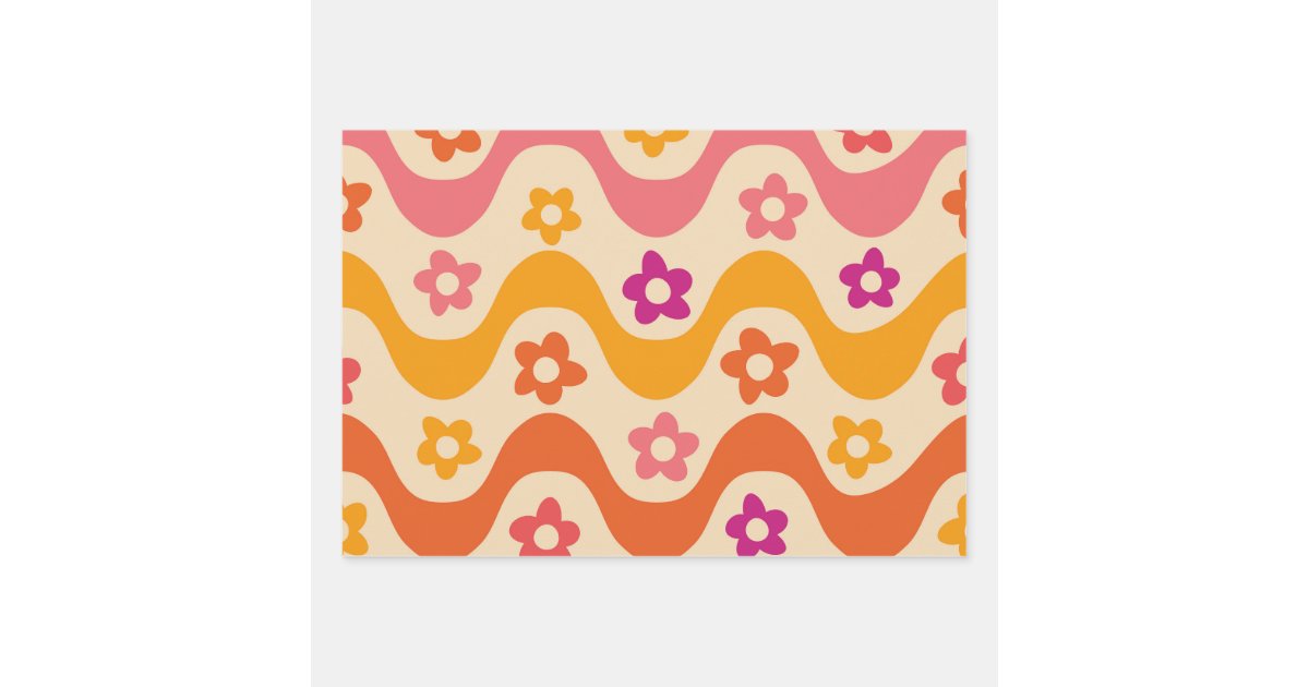 Cute Groovy flowers pattern on retro waves Wrapping Paper Sheets | Zazzle