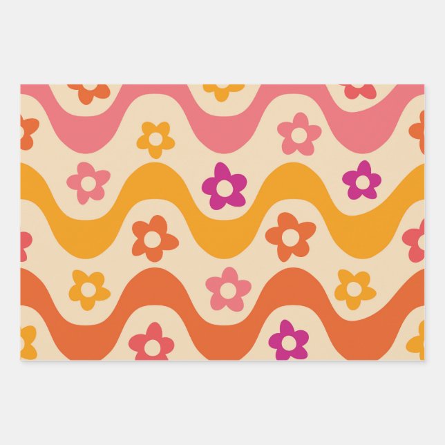 Cute Groovy flowers pattern on retro waves  Wrapping Paper Sheets (Front 3)