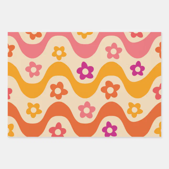 Cute Groovy flowers pattern on retro waves Wrapping Paper Sheets | Zazzle
