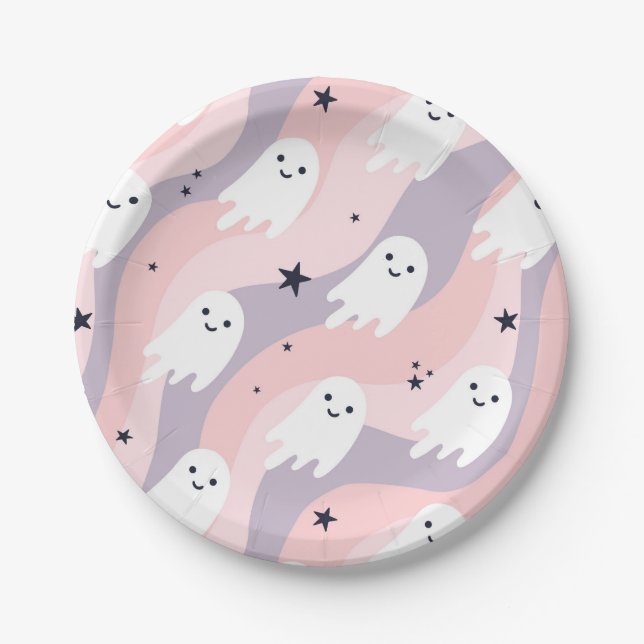 Cute Groovy Halloween Ghost Paper Plates (Front)