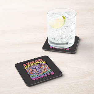 Cute Groovy Hippie Axolotl Retro 70s Rainbow Art Beverage Coaster