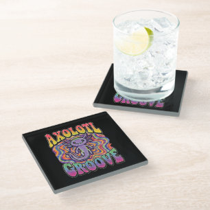 Cute Groovy Hippie Axolotl Retro 70s Rainbow Art Glass Coaster