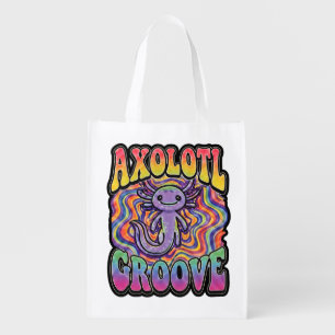 Cute Groovy Hippie Axolotl Retro 70s Rainbow Art Grocery Bag