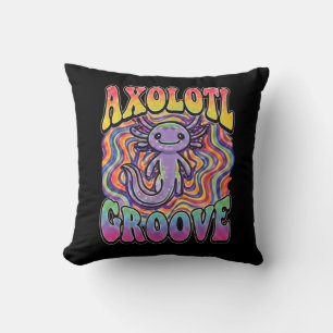 Cute Groovy Hippie Axolotl Retro 70s Rainbow Art Throw Pillow