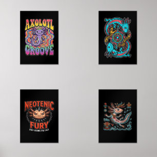 Cute Groovy Hippie Axolotl Retro 70s Rainbow Art Wall Art Sets