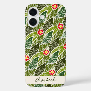 Cute Groovy Hippie Red Green Daisy Floral Pattern iPhone 16 Case