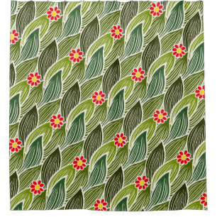  Cute Groovy Hippie Red Green Daisy Floral Pattern Shower Curtain