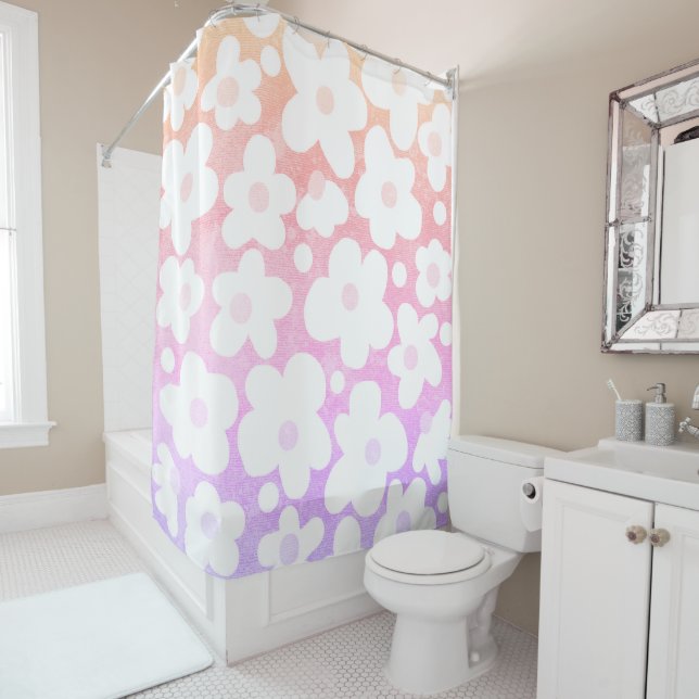 Cute Groovy Modern Retro Daisy Pattern Shower Curtain (In Situ)