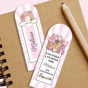 Cute Groovy Pink Bookworm Reading With Name   Bookmarks