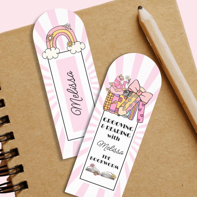 Cute Groovy Pink Bookworm Reading With Name   Bookmarks (Creator Uploaded)
