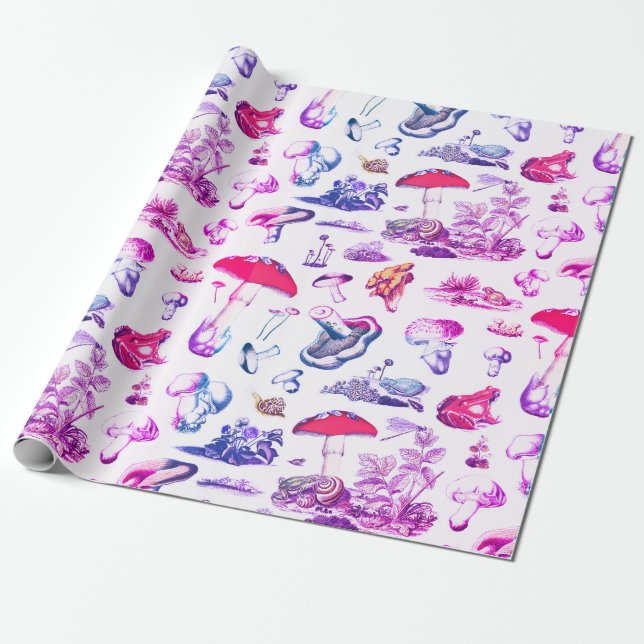 Cute Groovy Pink Mushroom Frog Forest Pattern Wrapping Paper (Unrolled)
