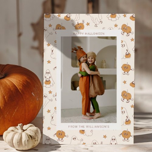 Cute Groovy Retro Ghost Pumpkin Halloween Photo Holiday Card